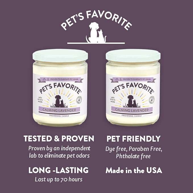 Pet's Favorite Pet Odor Candle, Clean Burning, Long Lasting Scented Candles with a Cotton Wick. (Calming Lavender, Pack of 2)