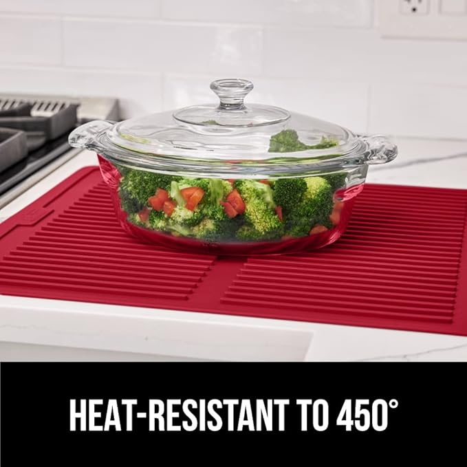GORILLA GRIP 100% BPA-Free Patented Silicone Dish Drying Mat for Kitchen Counter, 18x24 Inch, Water Catching Ribbed Design, Easy Clean Waterproof Sink Liner, Heat Resistant, Fits Under Rack, Red