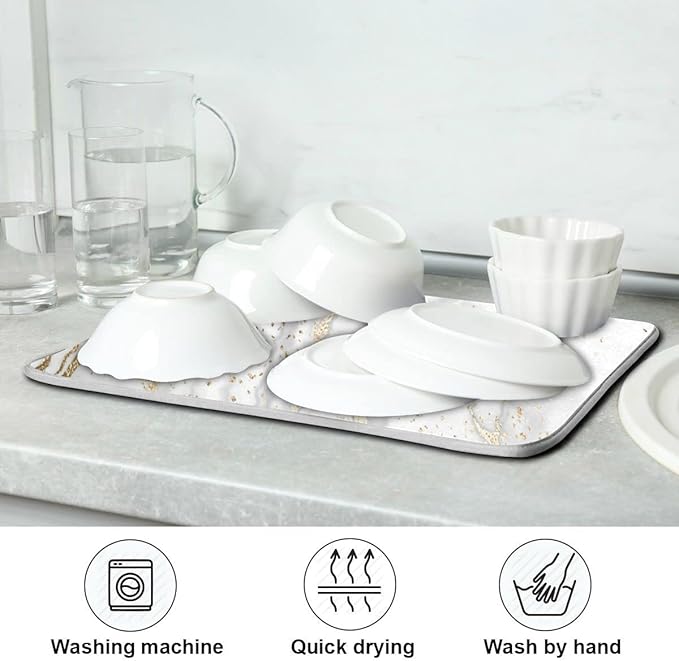 Marble Dish Drying Mat for Kitchen Counter White Golden Marble Gary Grey Drying Mats Super Absorbent Reversible Microfiber Kitchen Countertop Protector Dishes Pad Medium 16x18 inch