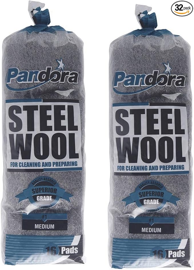 Pandora Steel Wool #1 – Medium Grade, 32 Pads for Cleaning and Preparing- Metal Strands - Ideal for Linoleum Floors, Bowling Balls, and Shoe Soles
