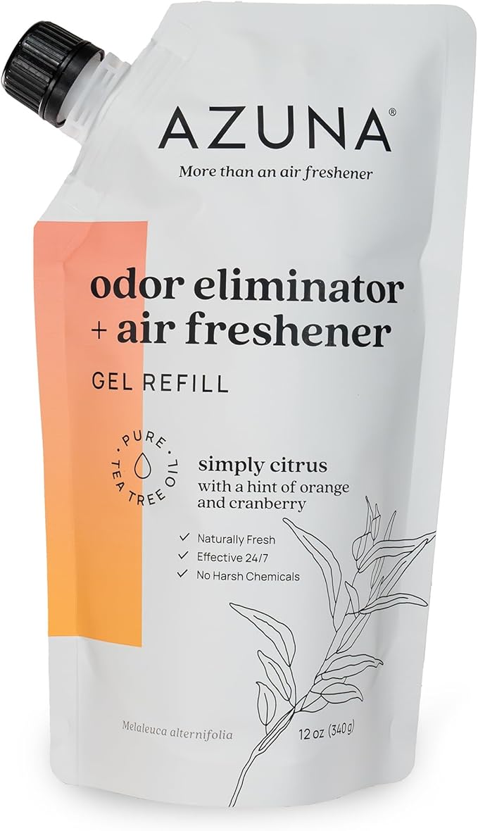 Azuna Air Freshener and Odor Eliminator for Strong Odor Gel 12oz Refill Pouch | Plant-Based & Long Lasting | Pet, Smoke, Home and Bathroom | Simply Citrus | Lasts 60–90 Days