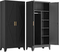 COFaR Metal Wardrobe Closet, 71'' Tall Steel Bedroom Armoire with Adjustable Hanging Rod and Shelves, Broom Closet Storage Cabinet for Garage Laundry Office, Farmhouse Black