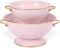 Metal Colander Set of 2, Strainer Basket with Handles 3.5 & 5 Qt Powder Coated Self-draining Solid Ring Base Metal Large Kitchen Colander Bowel for Pasta Vegetable Fruit (PINK)