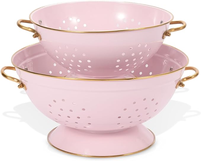 Metal Colander Set of 2, Strainer Basket with Handles 3.5 & 5 Qt Powder Coated Self-draining Solid Ring Base Metal Large Kitchen Colander Bowel for Pasta Vegetable Fruit (PINK)