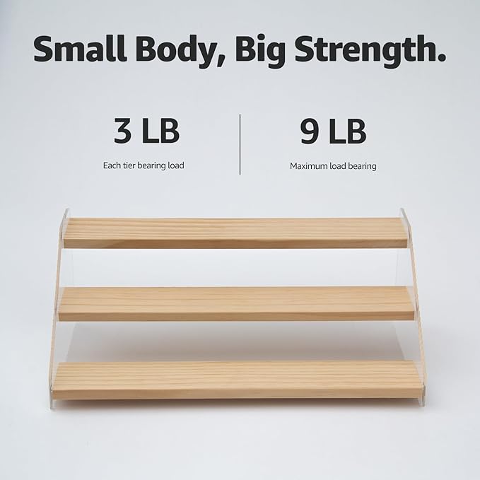 nianfeng Tiered Spice Rack, 3-Tier Spice Pantry Kitchen Cabinet Organizer, 12-Inch, Natural Wood Acrylic Stair Riser Stand, Countertop Seasoning Shelf