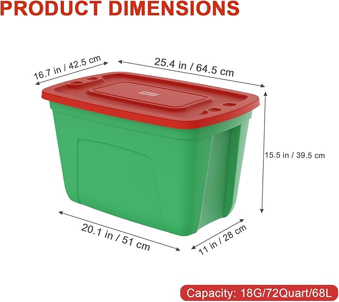 4-Pack Christmas Storage Totes with Lids - Made in USA 18-Gallon(72-Quart)Red Storage Bins,Holiday Organizer,Plastic Stackable Large Storage Boxes for Home,Office,Garage,Basement Red/Green