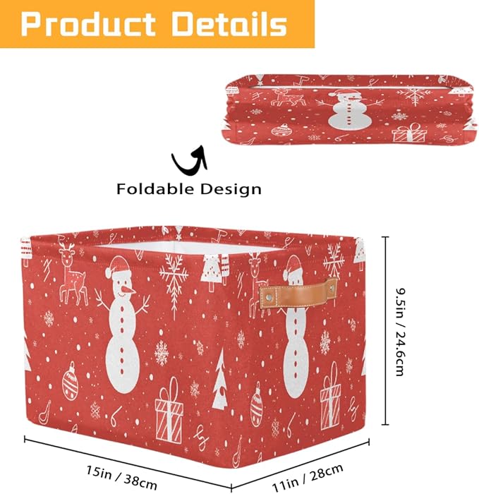 Storage Baskets Bin, Christmas Winter Snowman Collapsible Canvas Fabric Storage Bin Decorative Baskets Toy Organizer Rectangle Storage Boxes with Handles for Home Shelves Nursery, J-024