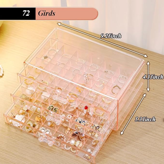 Earring Organizer Box Acrylic Stackable Jewelry Organizer with 3 Drawers 72 Small Compartments Clear Jewelry Display Stand for Stud Earring Ring Pin Display (Pink)