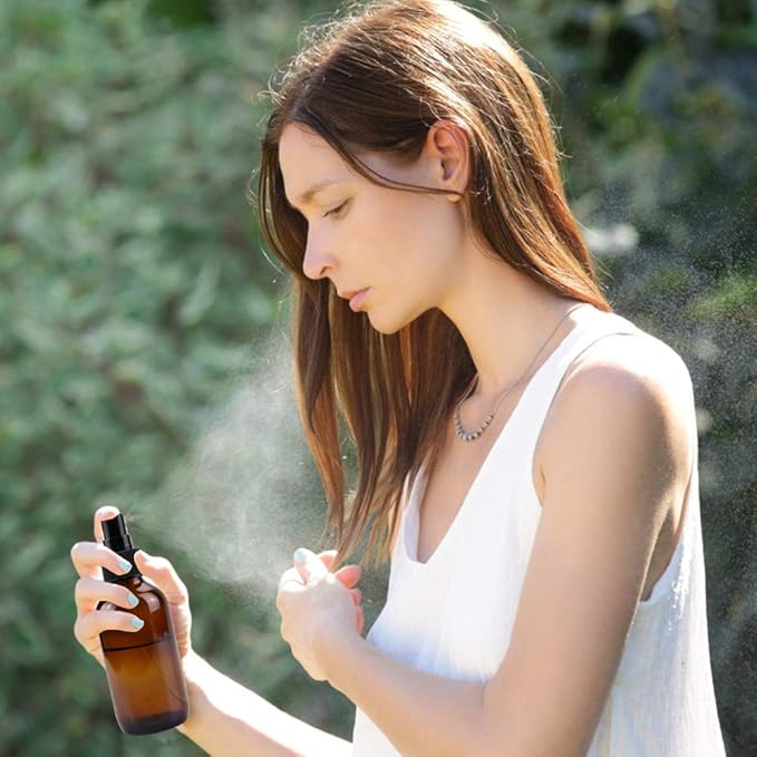 Wedama Spray Bottle, 4 oz Fine Mist Glass Spray Bottles, Little Refillable Liquid Containers for Watering Flowers Cleaning (16 Pack, Amber)