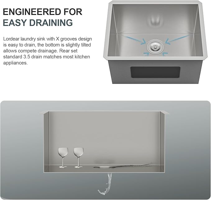 Lordear Undermount Laundry Sink 23" x 18" x 12" Single Bowl 16 Gauge Stainless Steel Deep Laundry Room Utility Kitchen Sinks Basin