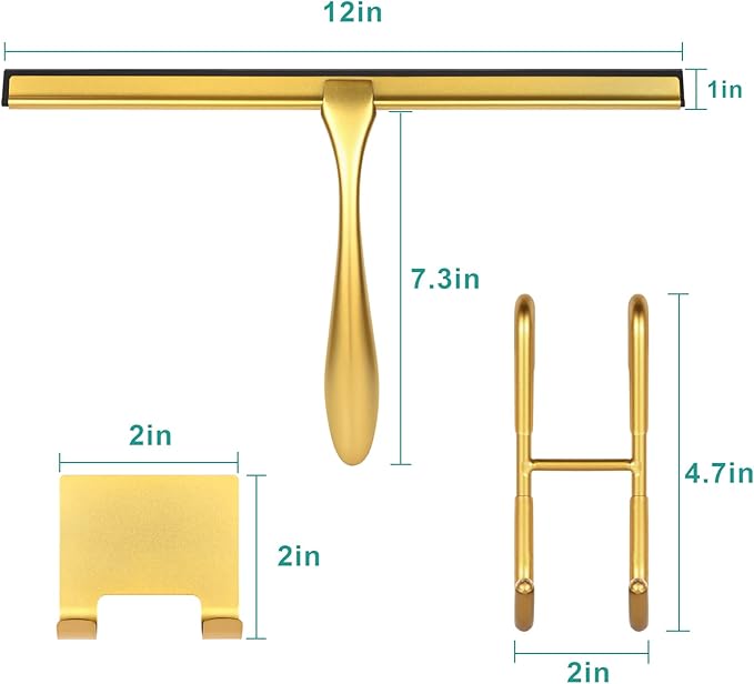steauty Shower Squeegee for Glass Doors,12-Inch Shower Glass Squeegee, Gold Shower Squeegee for Shower Doors,Mirror,Windows, with Shower Door Hook and Adhesive Hook