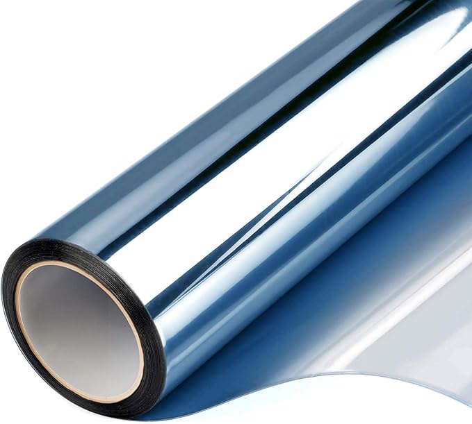 Window Privacy Film One Way Daytime Mirror Tint Treatments UV Heat Control Vinyl Stickers Sun Block Glass Paper Door Covering Reflective 23.6 Inch x 13.1 Feet Blue Silver