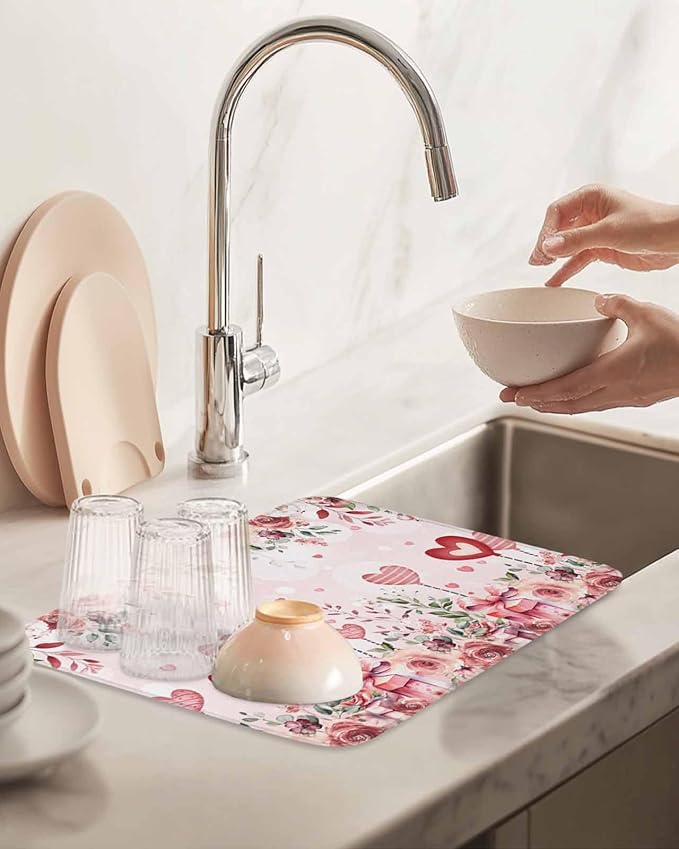 Valentine's Day Dish Drying Mat for Kitchen Counter Pink Love Heart Drying Pad Absorbent Drying Mats for Countertops Sinks Draining Racks Rose Gift Drainer Valentines Holiday Decorations 16x18 Inch