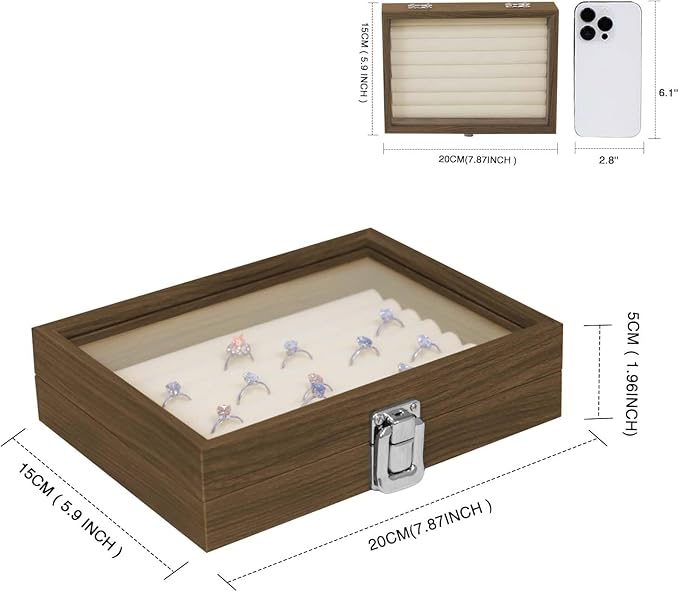 Stratalife Ring Box with Glass Lid Wood Jewelry Organizer for Women Ring Holder Display with Metal Clasp Velvet Lining Small Ring Tray for Jewelry Storage Beige