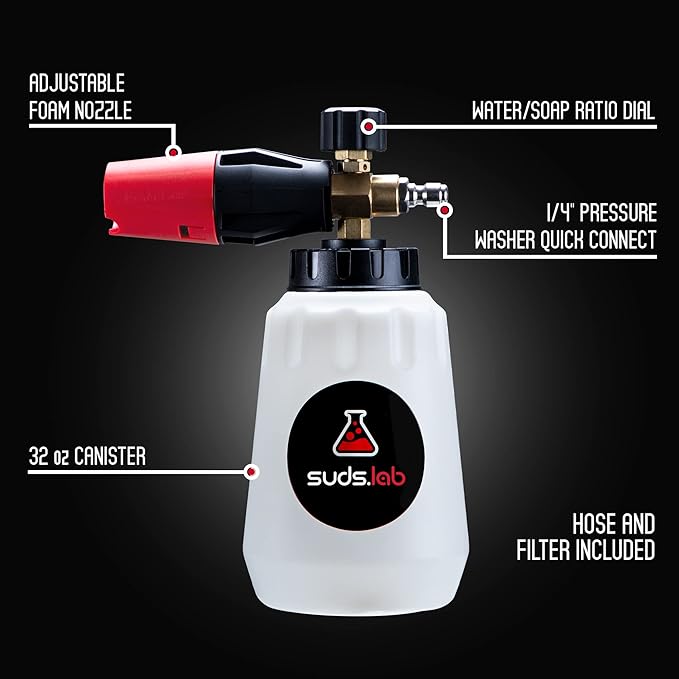 Suds Lab F1 Professional Foam Cannon with 32 Ounce Canister, Adjustable Foam Nozzle, Quick Connect for Pressure Washer - Perfect for Car Washing