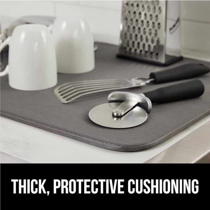GORILLA GRIP Ultra Water Absorbent Microfiber Dish Drying Mat 2 Pack, Quick Dry Thick Mesh, Slip Resistant Pad for Sink Dishes or Under Rack, Kitchen Counter Accessories, Machine Wash, 18x16, Gray