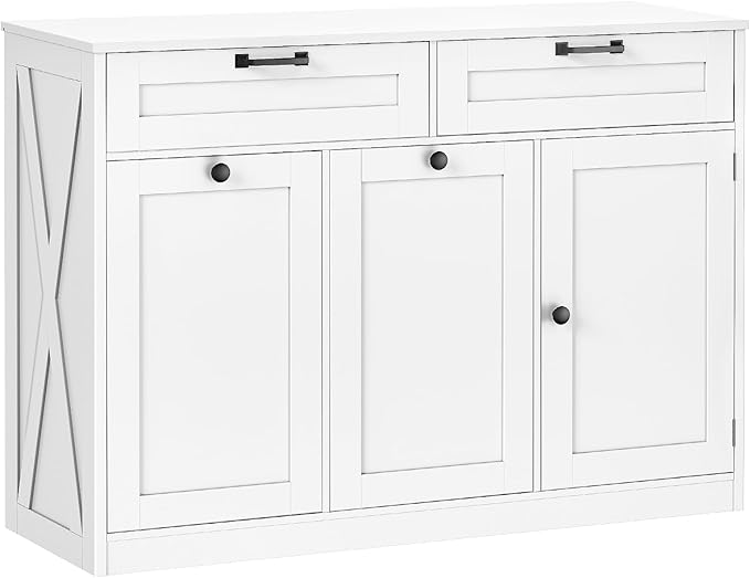 Double Tilt Out Laundry Hamper Cabinet, 43.3" Laundry Storage Cabinet with 2 Removable Baskets, Farmhouse Wooden Hidden Trash Bin Cabinet with Open Shelving, for Bathroom, White