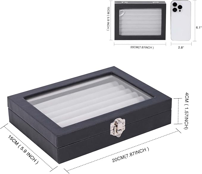 Stratalife Jewelry Display Case Leather Ring Box with Glass Top Ring Organizer for Women Compact Ring Holder Small Tray for Jewelry Storage Box with Lid Gray