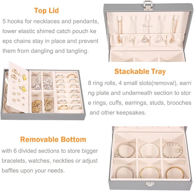 Voova Jewelry Box Organizer for Women Girls,2 Layer Large Men Jewelry Storage Case, PU Leather Display Jewellery Holder with Removable Tray for Necklace Earrings Rings, Grey
