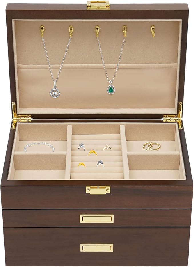 3-Layer Jewelry Box Organizer with Lock and Hooks,Jewelry Chest for Women Girls, Retro Display Jewellery Holder Organizer Storage Box for Necklace Earrings Rings Bracelets