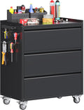 3 Drawer Metal Storage Cabinet, Lockable Garage Storage Cabinet with Wheels,Pegboard for for Garage Home Warehouse, Assemble Required, Black