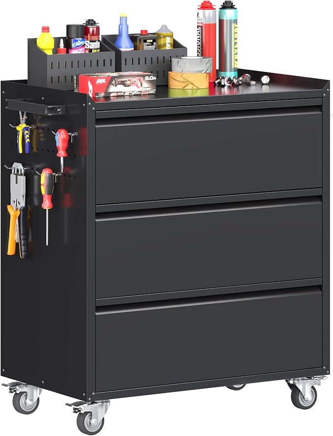 3 Drawer Metal Storage Cabinet, Lockable Garage Storage Cabinet with Wheels,Pegboard for for Garage Home Warehouse, Assemble Required, Black