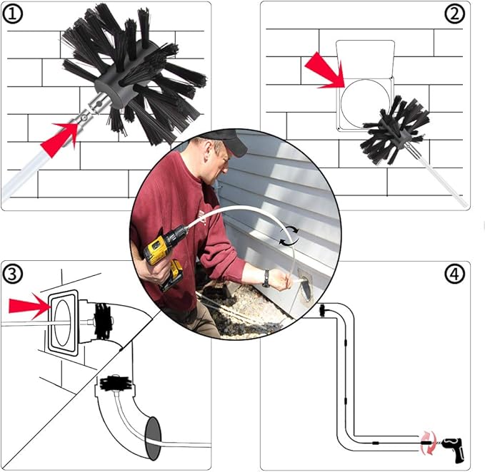 48 Feet Dryer Vent Cleaning Kit, Chrome Button Locking System, Lint Removes, Dryer Vent Cleaning System, Dryer Vent Cleaner Kit Vacuum Attachment with Vacuum Adapter, Dryer Adapter