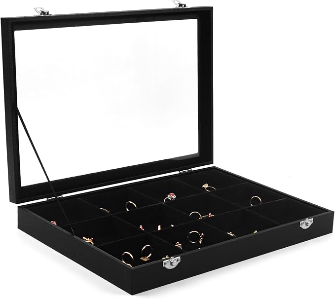 Lainrrew 12-Grid Velvet Lined Jewelry Organizer Box, Lockable & Transparent Lid, Compact Earring & Ring Holder, Durable Necklace Storage, 13.8"x9.5"x1.9", Elegant Gift-Ready Case(12 Grids)