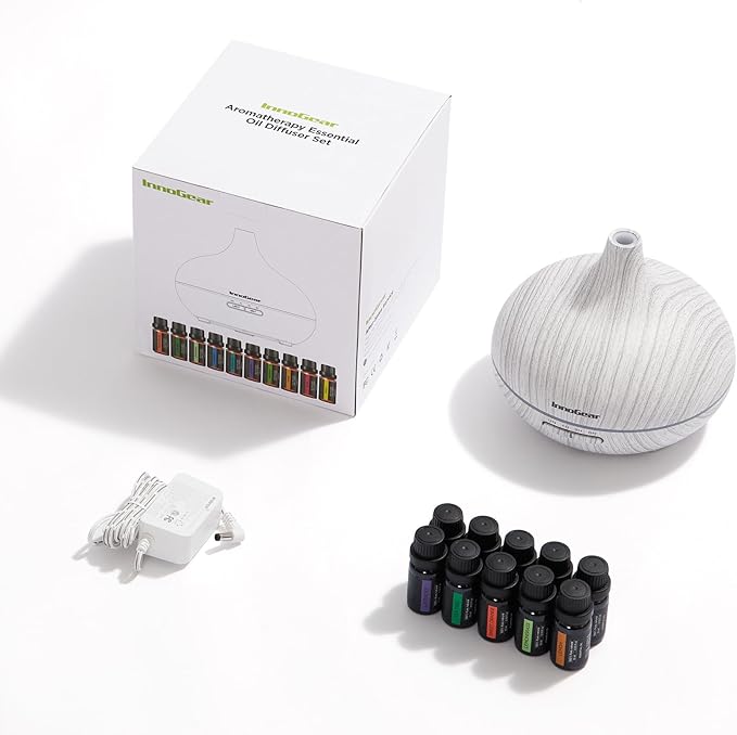 InnoGear Aromatherapy Diffuser & 10 Essential Oils Set, 400ml Diffuser Ultrasonic Diffuser Cool Mist Humidifier with 4 Timers 7 Colors Light Waterless Auto Off for Large Room Office, White Grey