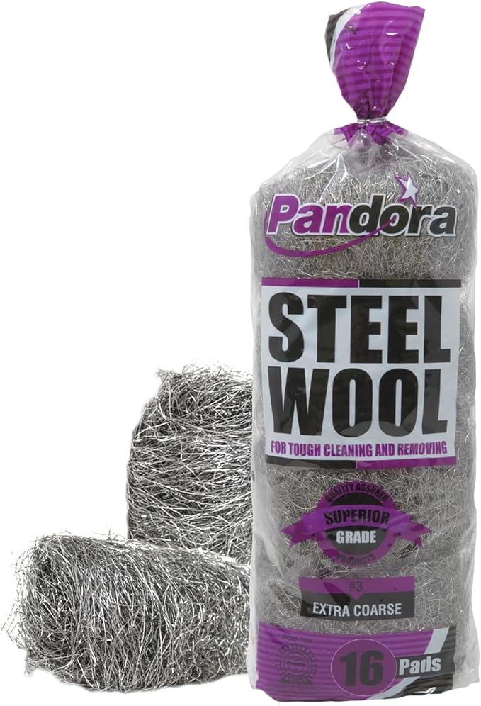 Pandora Steel Wool #3 – Extra Coarse Grade, 16 Pads for Tough Cleaning and Removing - Quality Metal Strands - Ideal to Remove Rust, Grime, and Stubborn Stains