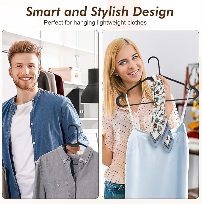 HOUSE DAY Black Plastic Hangers 60 Pack, Lightweight Clothes Hangers with Non-Slip Shoulder Grooves - Space-Saving, Durable & Reinforced Edges Coat Hanger for Closet Organization (Made in USA)