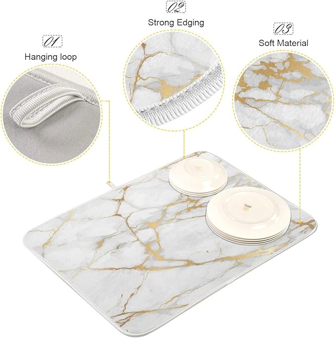 Marble White Dish Drying Mat 18x24 for Kitchen Golden Grey Marble Dishes Pad Dish Drainer Rack Mats Absorbent Fast Dry Kitchen Accessories