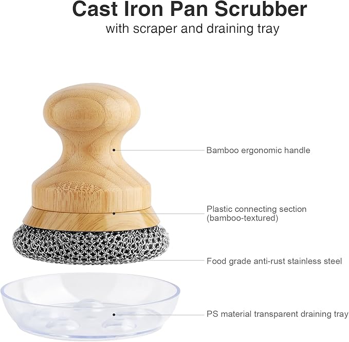 Cast Iron Scrubber and Scraper,Chain Mail Cleaner with Bamboo Handle & Draining Tray,316 Stainless Steel Brush for Cleaning Pots,Pans,Wok,Bakeware,Griddles, Grills,Dishes (Small Chain Mail)