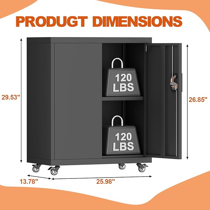 31.5''H Metal Storage Cabinets with Lock, Metal Garage Storage Cabinet on Wheels, Lockable Rolling Tool Chest Cabinet with Doors & Adjustable Shelves for Garage, Home, Office, Assembly Required