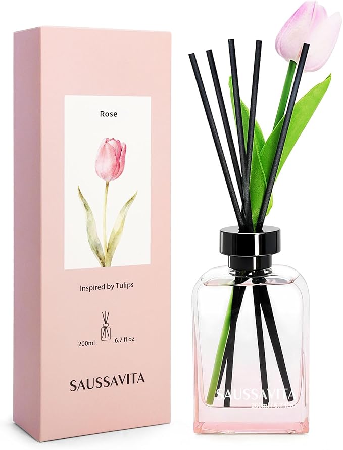Reed Diffuser Set with Tulip Flowers Vintage Square Bottle Rose Scent, Reed Diffusers 6.76 fl oz for 120 Days Narrow Spaces, Flower Reed Diffuser Long Lasting for Bathroom, Office, Shelf Decor