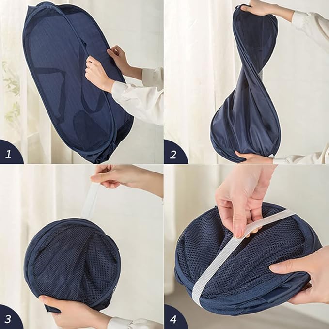 Rubruan 4 Piece Popup Mesh Laundry Basket Durable Handles Collapsible Laundry Baskets Folding Clothes Pastic Hamper for Laundry Room College Dorm (Navy Blue)