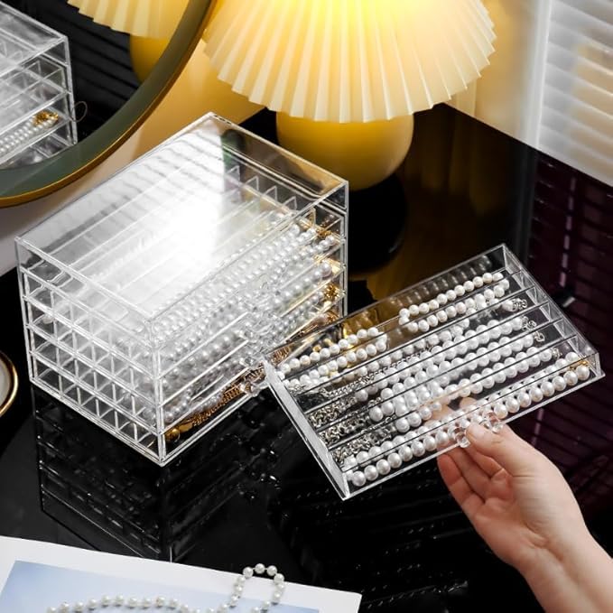 Necklace Box Tray with 5 Clear Drawers, Dustproof Necklaces Holder Storage Display Case, Necklace Tray Drawer for Pendant Suitable for Women and Girls (Transparent)