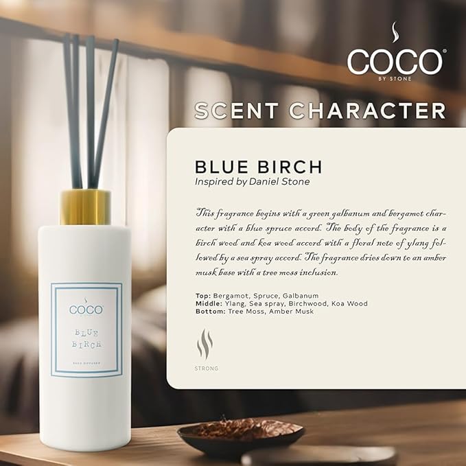 COCO by Stone 5oz Reed Diffuser (Blue Birch) Luxury Scented Oil Diffuser Aromatherapy, Reed Diffusers for Home, Diffusing Oil Fragrance,Fragrance Products, Reed Diffusers for Home, Vegan