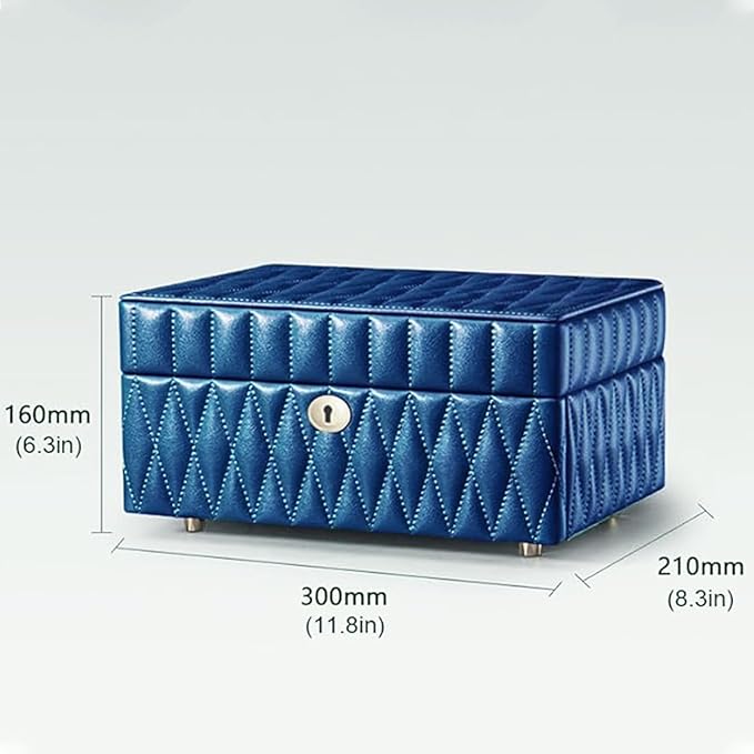 Genuine Leather Jewelry Box – 2 Layer Large Jewelry Organizer with Mirror, Lockable Jewelry Box for Women – Necklace, Ring, Earring Organizer with Drawer – Valentine's Day Gifts (Blue)