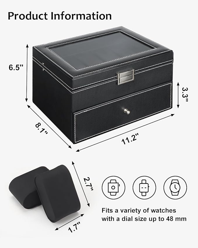 Jenseits Watch Box, 20 Slot Watch Case for Men, 2 Layers Lockable Watch Display Case with Glass Lid, Large Capacity Watch Storage Organizer, Gift for Loved Ones, Luxury Watch Holder (Black)