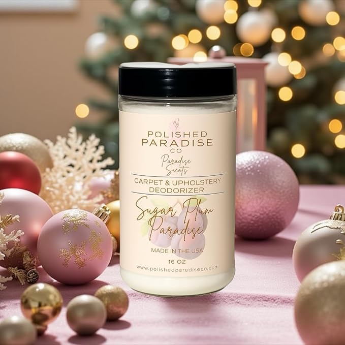 Polished Paradise Co Paradise Scents Carpet and Upholstery Deodorizer, Holiday Christmas Scent Powder for Rugs and Textiles, 16 Oz (Sugar Plum Paradise)