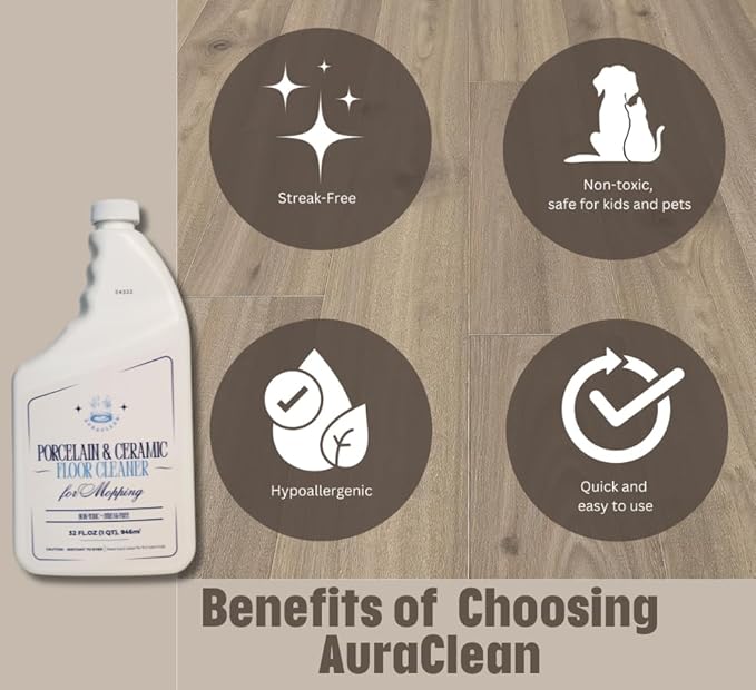 AuraClean Porcelain & Ceramic Tile Floor Cleaner - Mop Soap Concentrate for mopping - Streak-Free Clean, Ph Neutral and non-Toxic - Safe for Marble, Travertine, Limestone - 32 fl oz (1-qt)