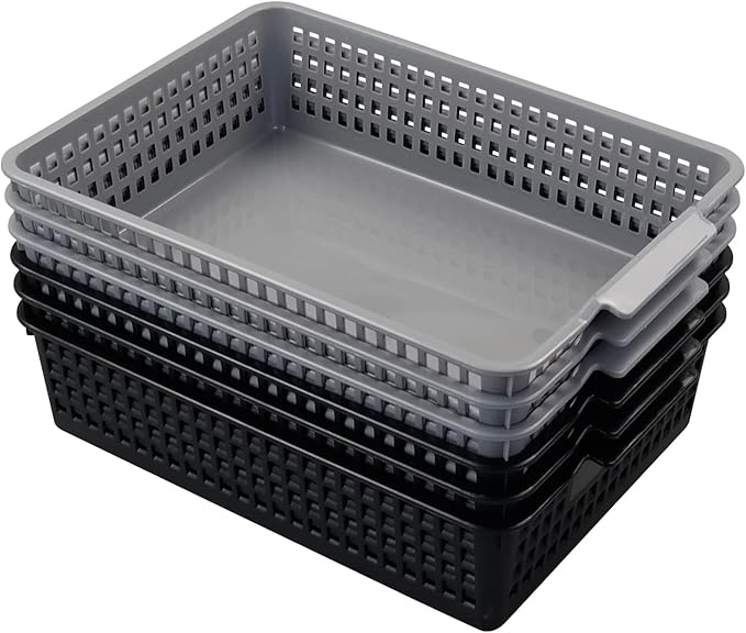 Plastic Flat Storage Basket, Plastic Paper Storage Basket Tray, 6 Pack