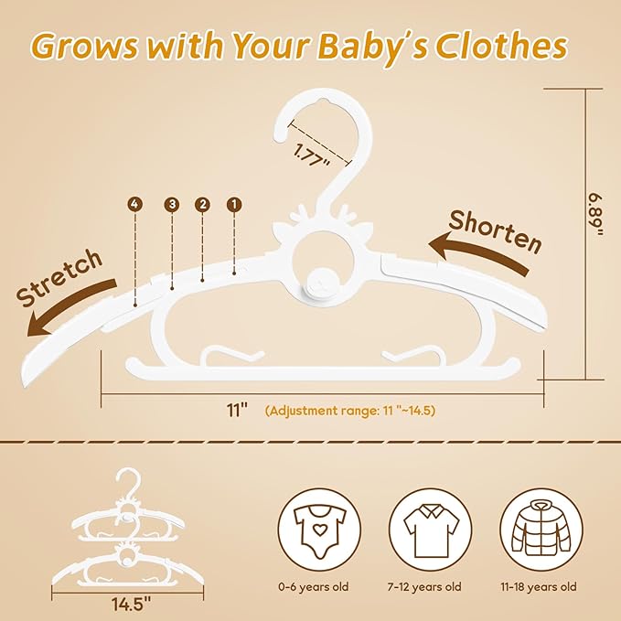 Toddler Hangers 60PCS, 11"-14" Extendable and Stackable Baby Hangers, 45g Ultra-Thick Space Saving Non-Slip Plastic Hanger for Infant, Kids and Nursery Closet (White-White-60)