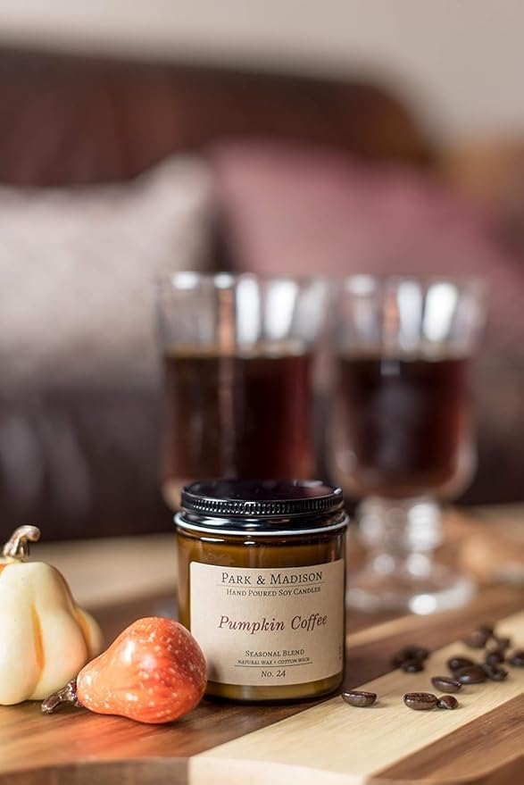 Park & Madison Pumpkin Coffee Soy Candle – Fall Scented Pumpkin Spice Candle with Coffee, Cinnamon, Ginger, Clove & Vanilla – Non-Toxic, Hand-Poured Fall Décor Amber Jar (4 oz)