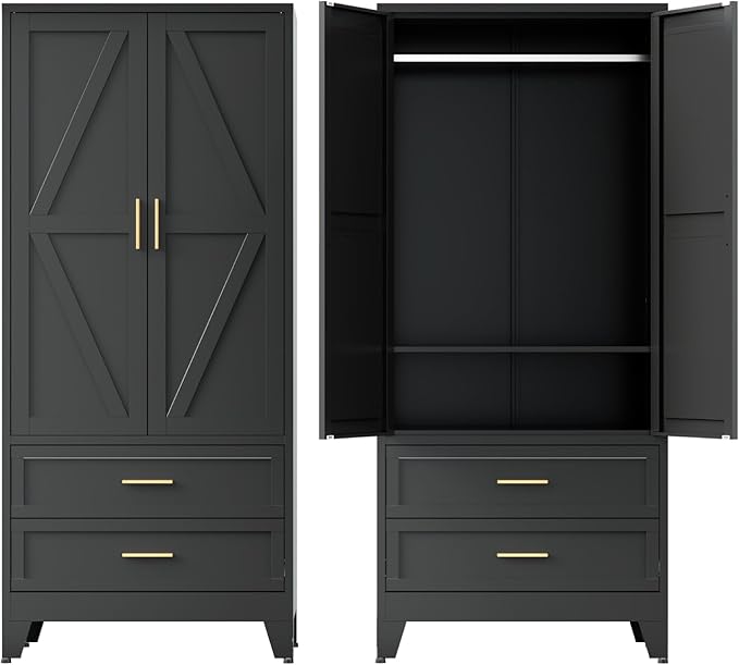COFaR Metal Armoire Wardrobe Closet with Drawers, 71'' Tall Farmhouse Bedroom Armoires with Doors, Freestanding Steel Wardrobe Garage Closet for Bedroom Home Office Garage, Black