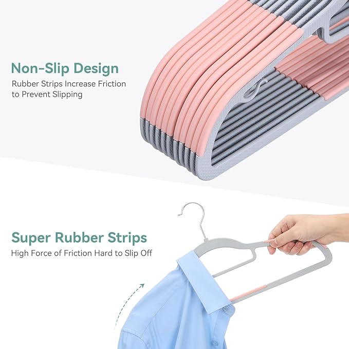 Pack of 50 Coat Hangers, Space-Saving Plastic Clothes Hangers, Non-Slip, 0.2 Inches Slim, 360° Swivel Silver Hook for Shirts, Pants, Suit & Wet/Dry Garments, Pink and Dark Gray