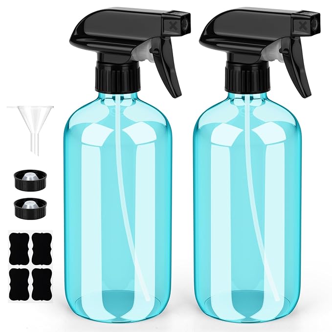 Bontip Glass Spray Bottle, Light Blue Glass Spray Bottle Set & Accessories Refillable for Plants Window Cleaners Aromatherapy Facial hydration Watering Flowers Hair Care (2 Pack/16oz) (Light Blue)