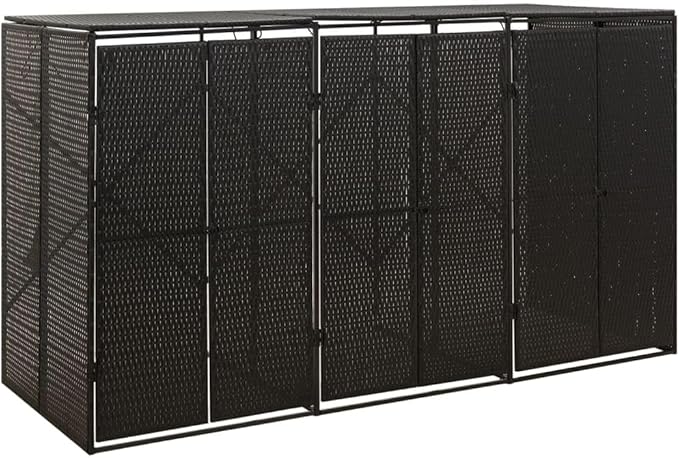 Triple Wheelie Bin Shed Garbage Can Storage Shed, PE Trash Container Management Unit, Outdoor Patio Recycling Dustbin Trash Shed, Black 81.5"x31.5"x46.1" Poly Rattan -AA