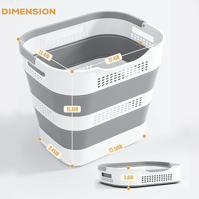 OOAMBB 43L(11.5Gallon) Collapsible Laundry Basket with Handles, Foldable Laundry Basket Plastc,Pop Up Tall Storage Container/Organizer/Clothes Hamper for Laundry (Grey,1 Pack)